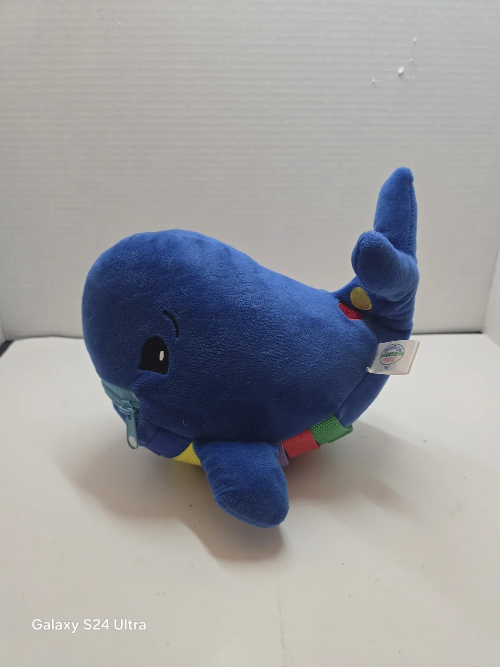 Plush Blue Whale Sensory Soft Toy with Colorful Tabs